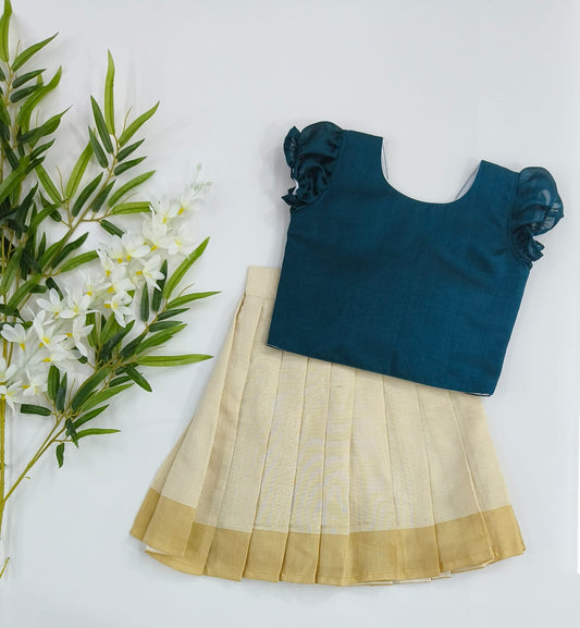 Blue Pattu Langa with Puffed Sleeves – Pure Kerala Cotton