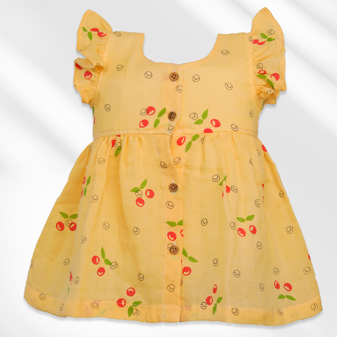 Baby Muslin Frock with Frill Sleeves & Wooden Buttons – 100% Organic Cotton