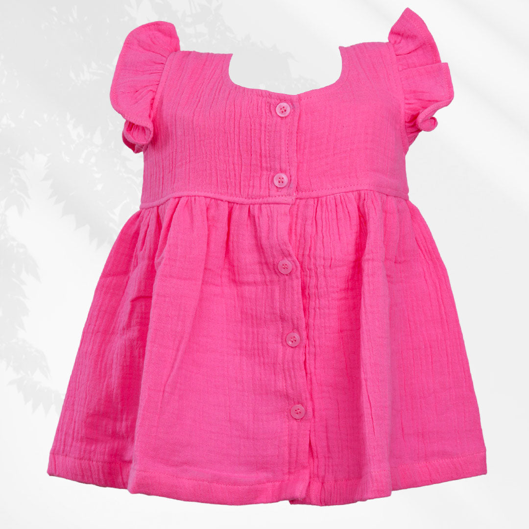 Baby Muslin Frock with Frill Sleeves & Wooden Buttons – 100% Organic Cotton