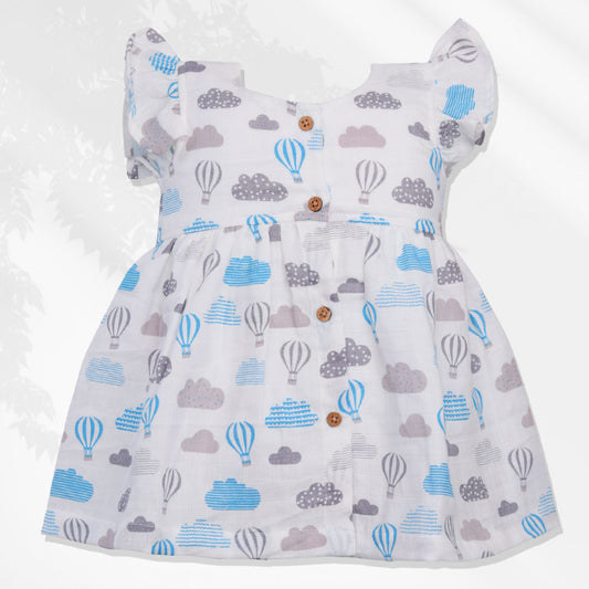 Baby Muslin Frock with Frill Sleeves & Wooden Buttons – 100% Organic Cotton